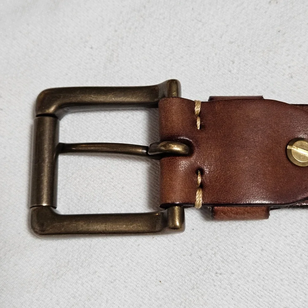 Handmade Brown Italian Leather Belt XL Antique Brass Roller Buckle Cross Stitch